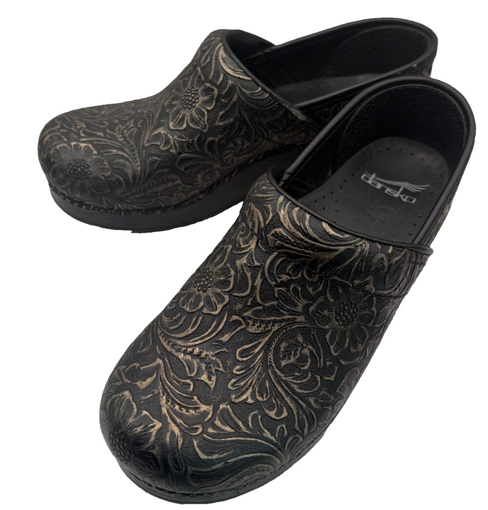 Dansko Professional Tooled Women’s Leather Floral Clogs Black EU 37 US 7